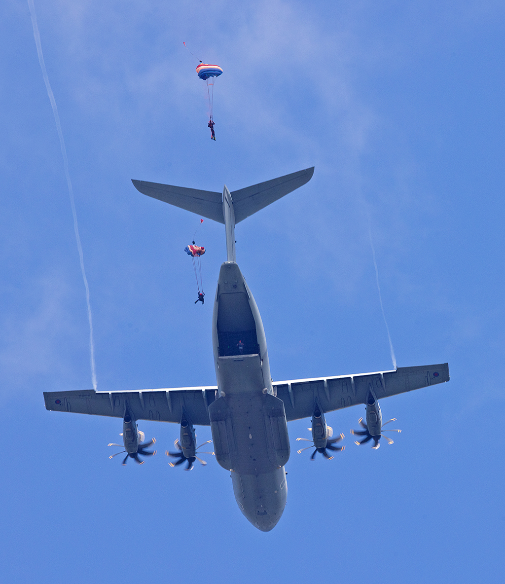 The RAF Falcons jump from a Royal Air Force Atlas (A400M) aircraft, to begin their Public Display Authority display